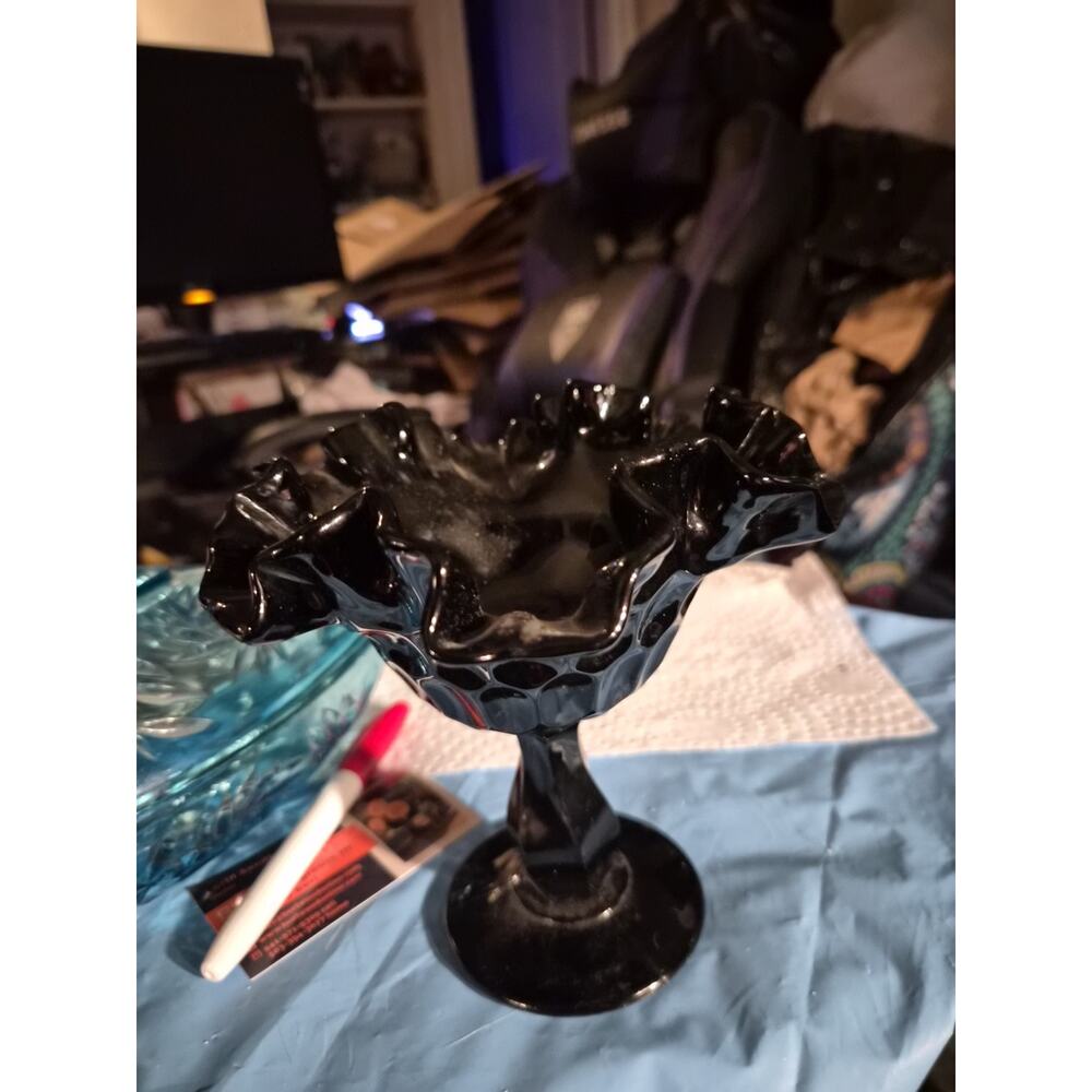 Compote Pedestal Bowl Fenton Thumbprint Black Glass Ruffled Edge